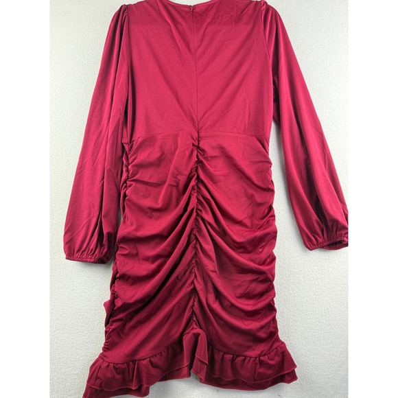 Cupshe Burgundy Ruched Wrap V-Neck Long Sleeve Ruffle Mini Dress CAA05A3L045JJ L - Picture 15 of 15
